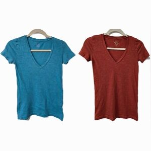 J.Crew Womens Vintage Cotton Blue Orange V-neck 2 T-shirt Bundle Size XXS Summer